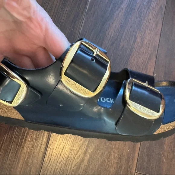 Birkenstock Black Sandals with Gold Buckles - Picture 2 of 7
